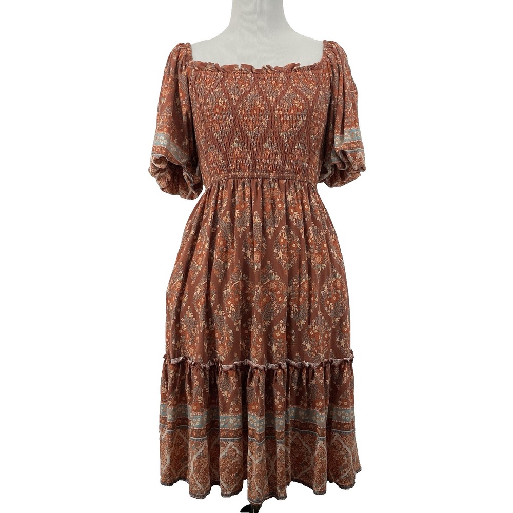 Iris Mi Size Small Smocked‎ Mini Dress Rust Floral Boho Puff Sleeve Women